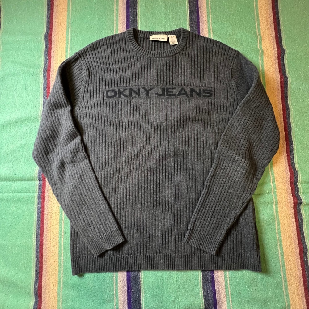 DKNY Jeans Sweater Mens Medium Gray Ribbed Knit Logo Pullover Vintage 90s Y2K